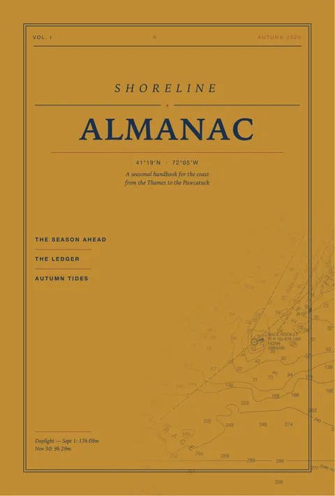 The Shoreline Almanac cover: Vol. I, Autumn 2026, over NOAA chart of the Race